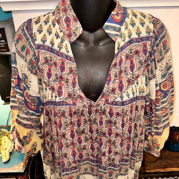 VINTAGE BOHO INDIA HIPPIE BLOCK PRINT DRESS URBAN RENEWAL - Picture 3 of 11